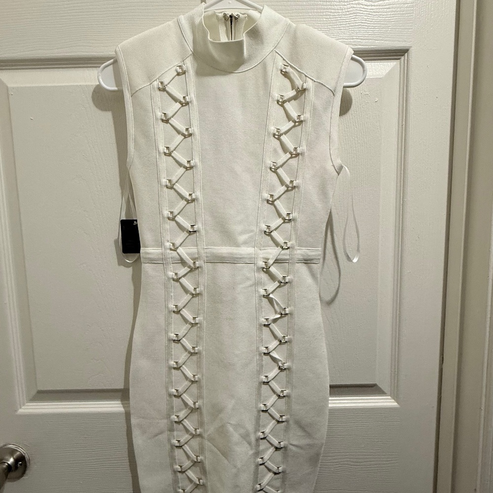 BEBE White Lace-Up Bandage Mini Dress